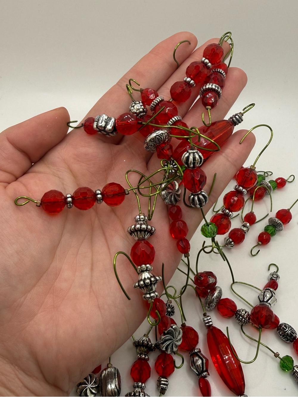 Vintage Beaded Christmas Ornament Dangles Red Green Silver Holiday Lot